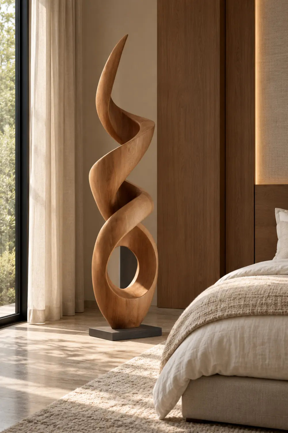 Large Walnut Wood Spiral Abstract Sculpture For Modern Home Decor And Gallery Display