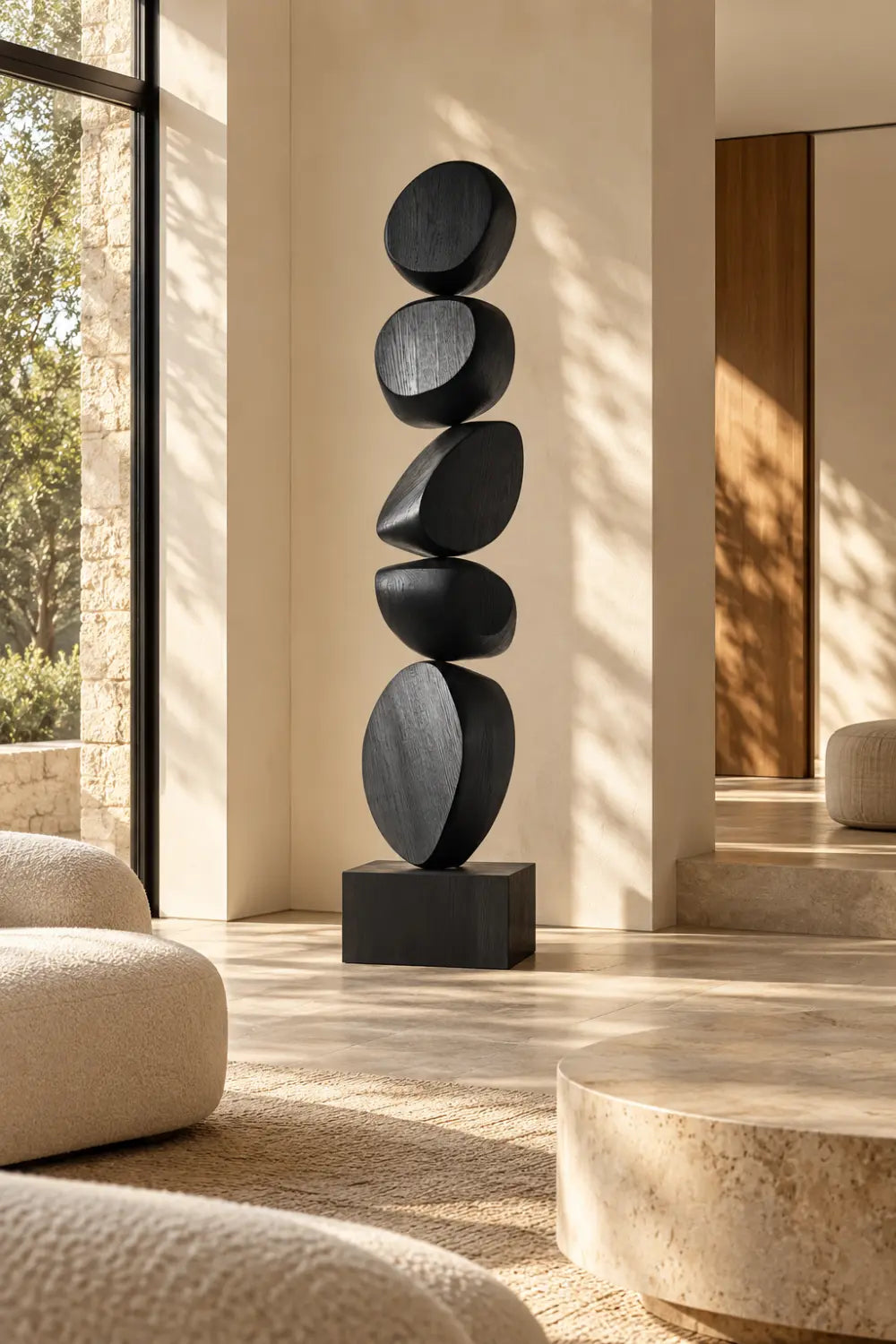 Hand Carved Matte Black Wooden Statue Large Scale Abstract Art