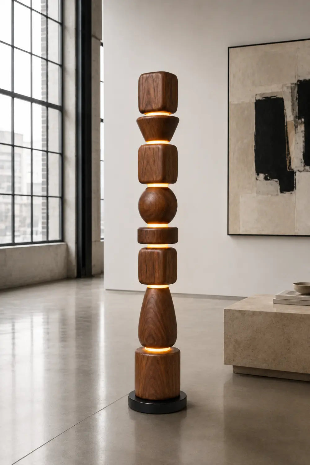 Sculptural Wooden Lamp Abstract Geometric Totem Style Lighting Fixture For Luxury Home Interiors