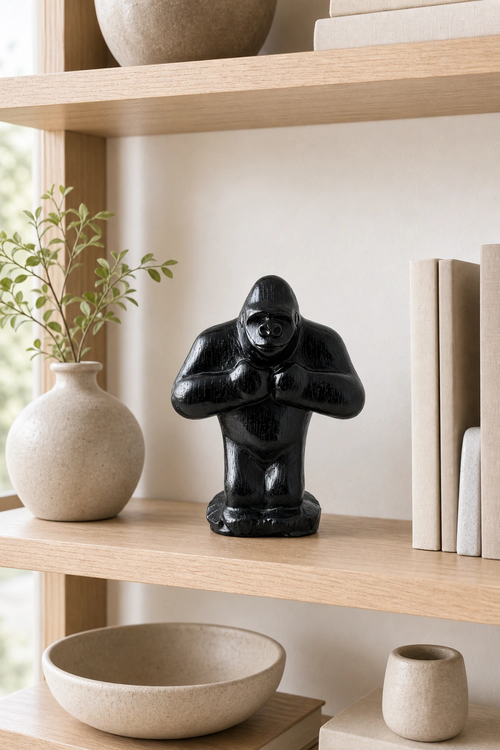 Hand Carved Gorilla Wood Sculpture - Modern Animal Desk Decor For Home Office