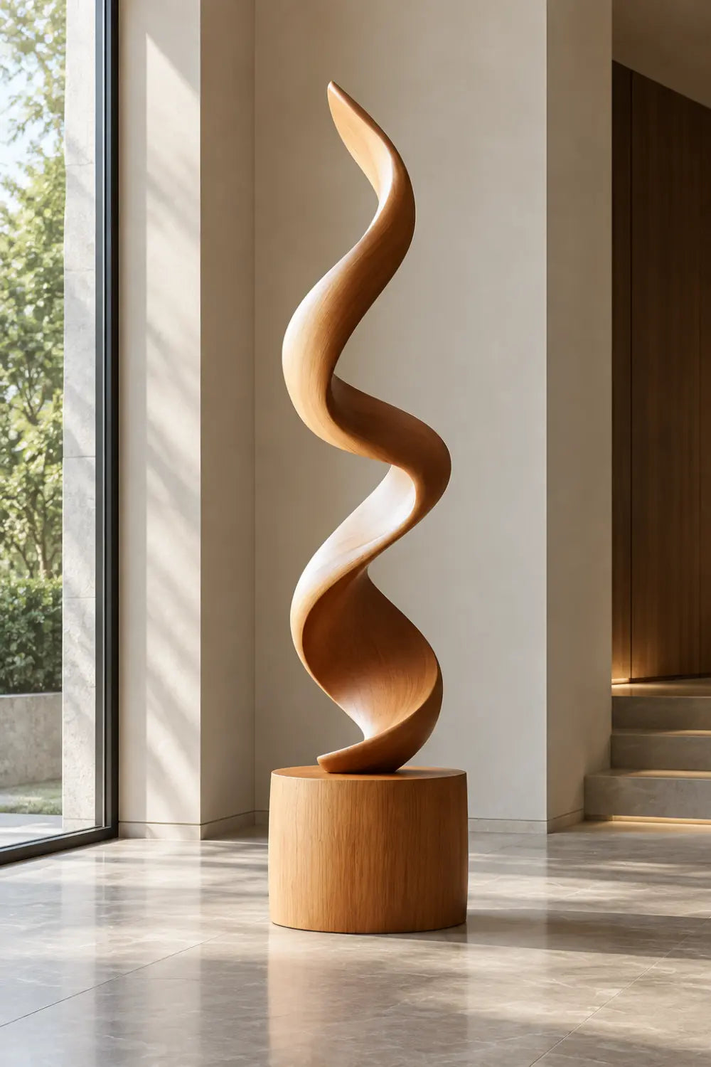 Large Spiral Oak Wood Sculpture Modern Abstract Floor Standing Statue For Home Decor