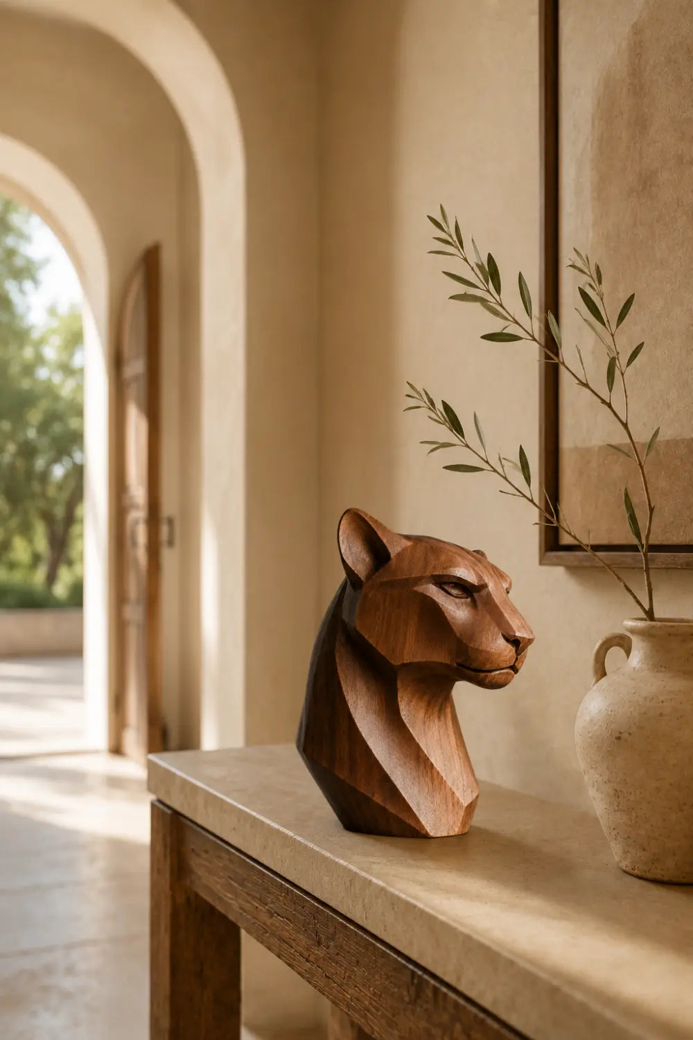 Abstract Wooden Panther Statue Minimalist Animal Sculpture For Contemporary Interiors