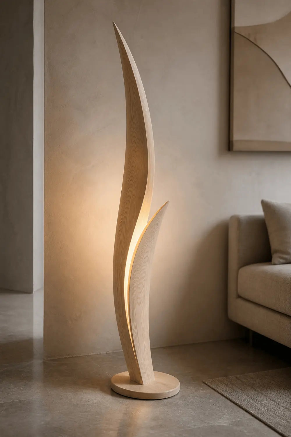 Modern Wooden Floor Lamp With Sculptural Curves And Warm Ambient Glow For Contemporary Living Rooms