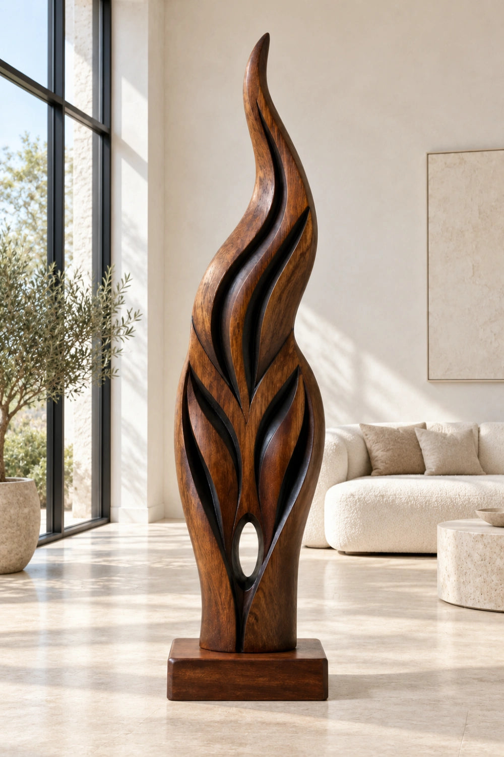 Abstract Wooden Flame Floor Sculpture | Dynamic Standing Decor For Living Space