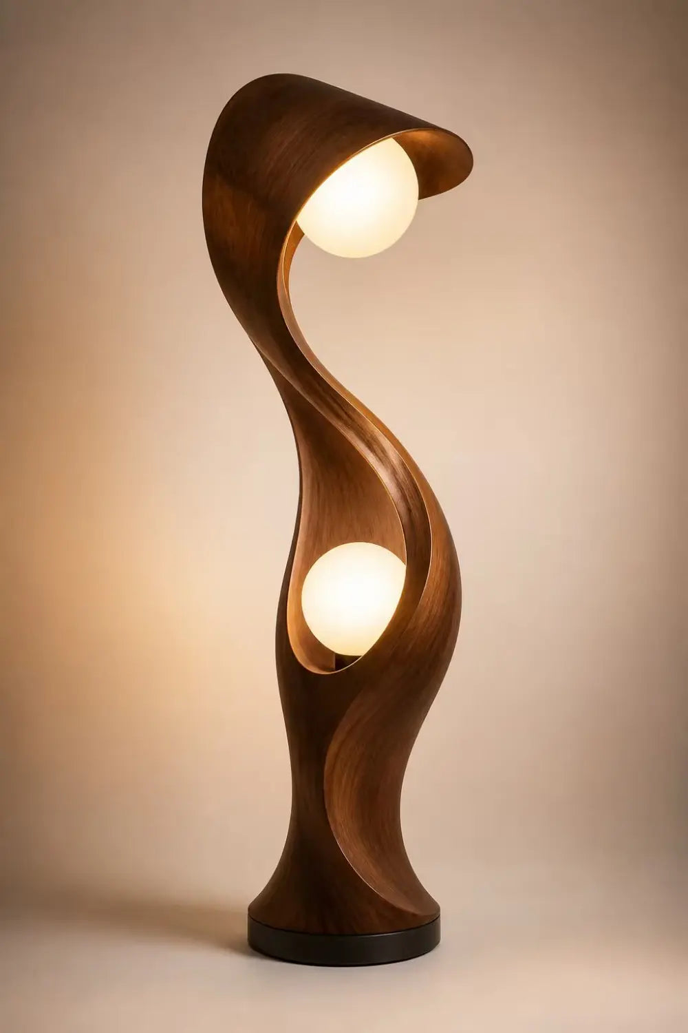 Modern Abstract Wood Floor Lamp With Dual Warm Light Spheres For Contemporary Living Rooms