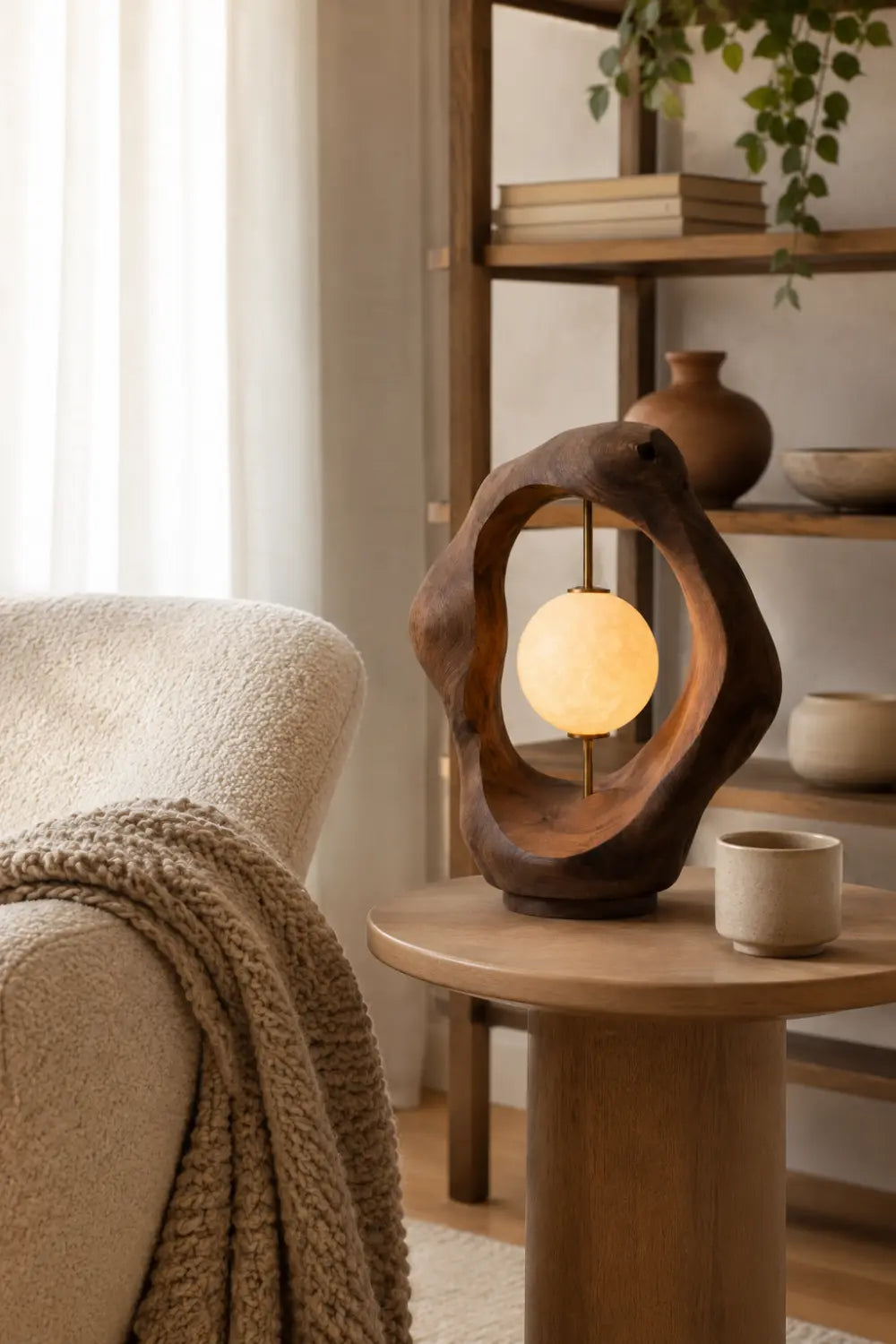 Biomorphic Wood Loop Table Lamp | Abstract Fluid Halo Desk Light For Space Decor