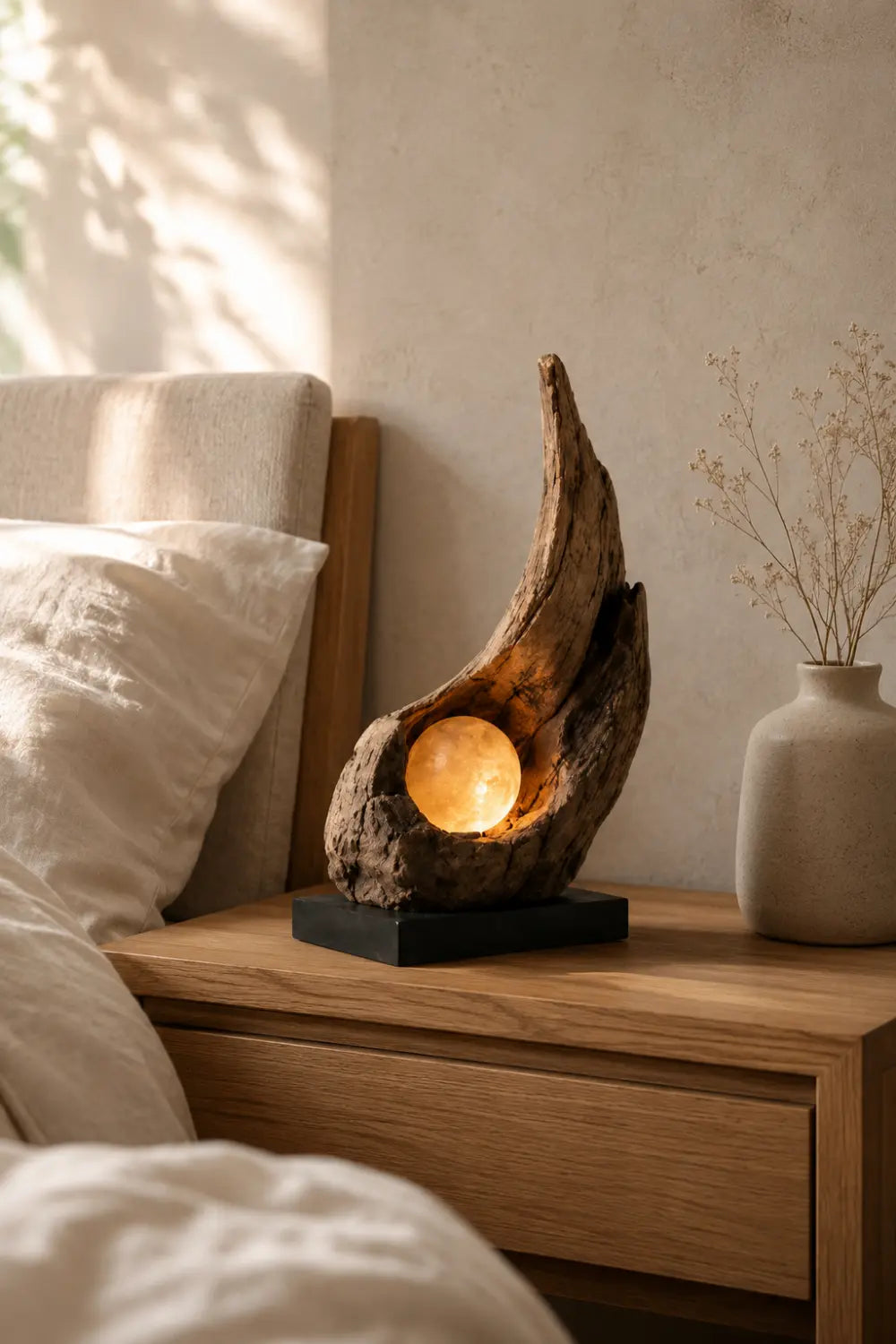Organic Sculptural Wooden Lamp Emitting Cozy Warm White Light For Elegant Interior Spaces