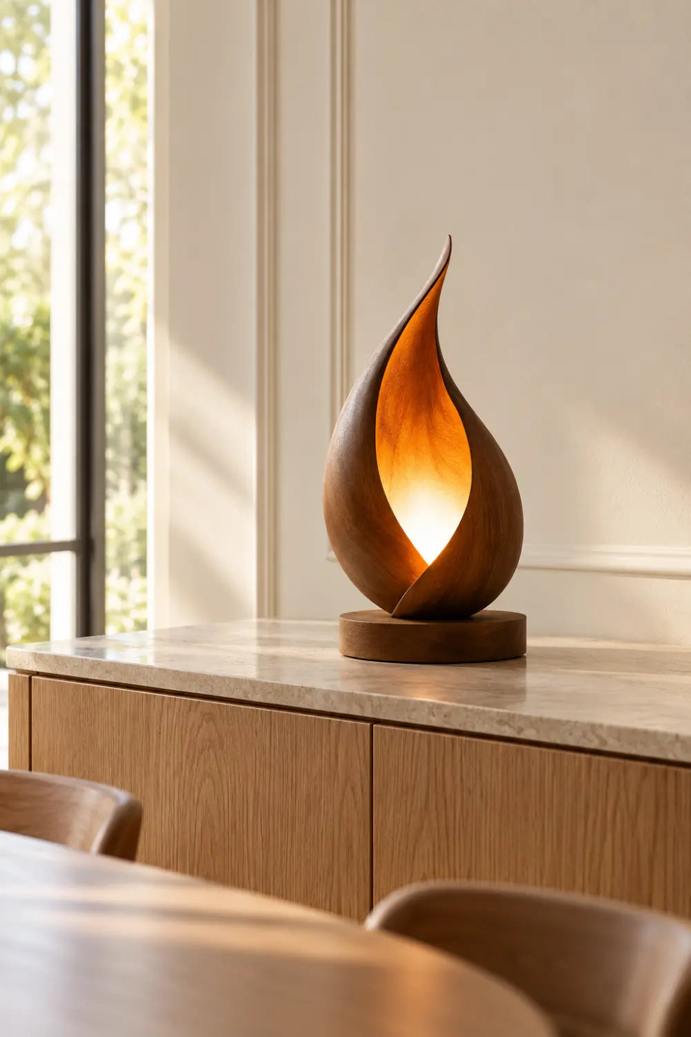 Sculptural Flame Wood Table Lamp | Aesthetic Ambient Light For Living Space