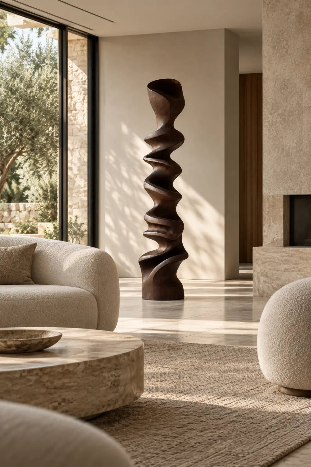 Large Abstract Walnut Wood Floor Sculpture Modern Spiral Form