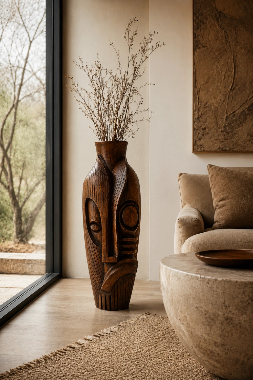 Hand-Carved African Tribal Wooden Vase Abstract Large Floor Decor