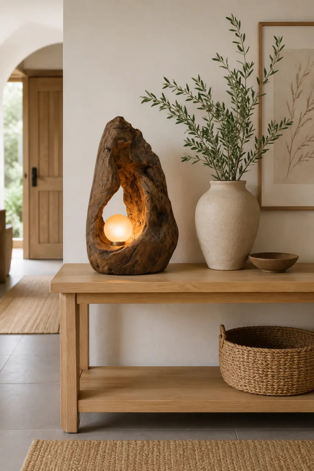 Hand Carved Organic Wood Table Lamp With Warm Glow For Modern Living Rooms