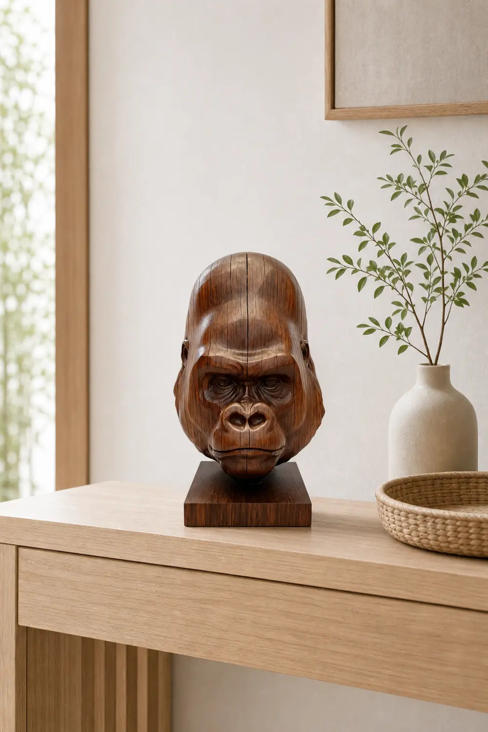 Hand Carved Walnut Gorilla Head Sculpture For Modern Home Decor And Shelf Display