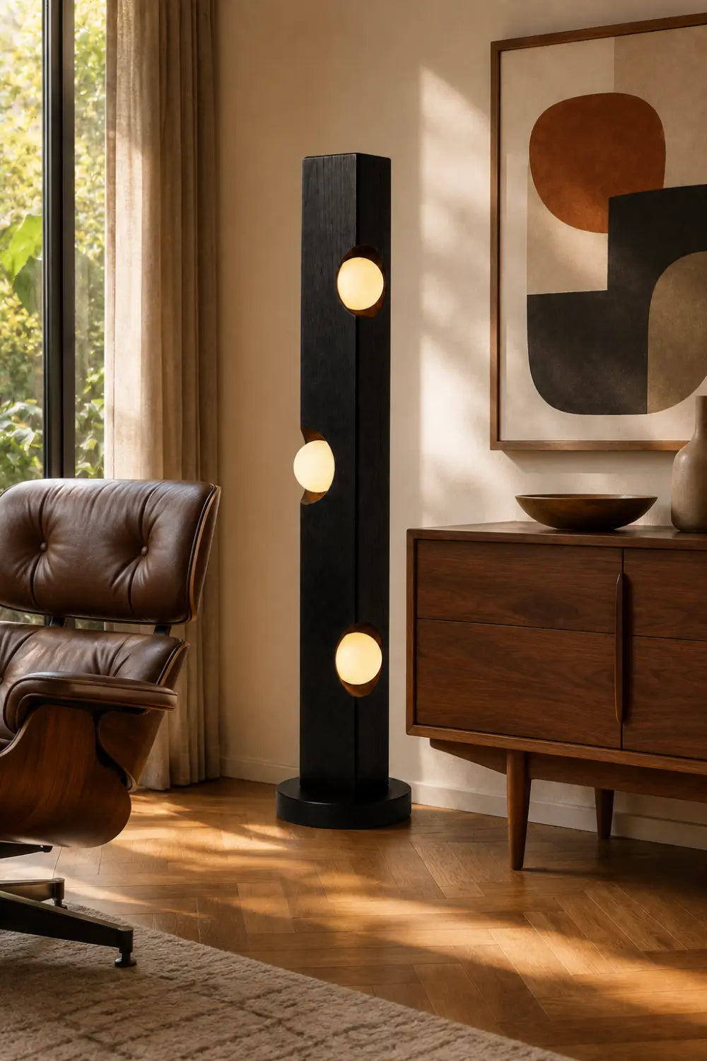 Sculptural Wooden Floor Lamp Abstract Black Timber Light Fixture For Art Gallery Style Home Interiors