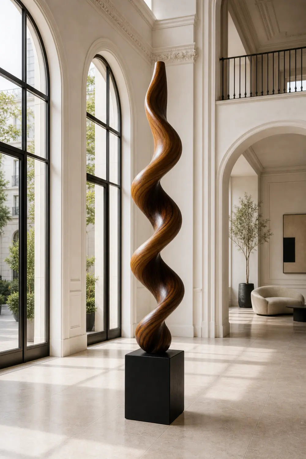 Large Hand-Carved Walnut Wood Spiral Sculpture For Modern Abstract Home Decor