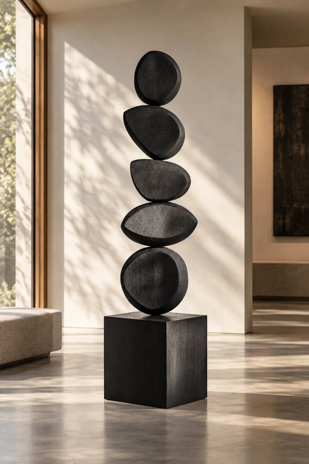 Large Black Abstract Wood Sculpture For Modern Home Decor
