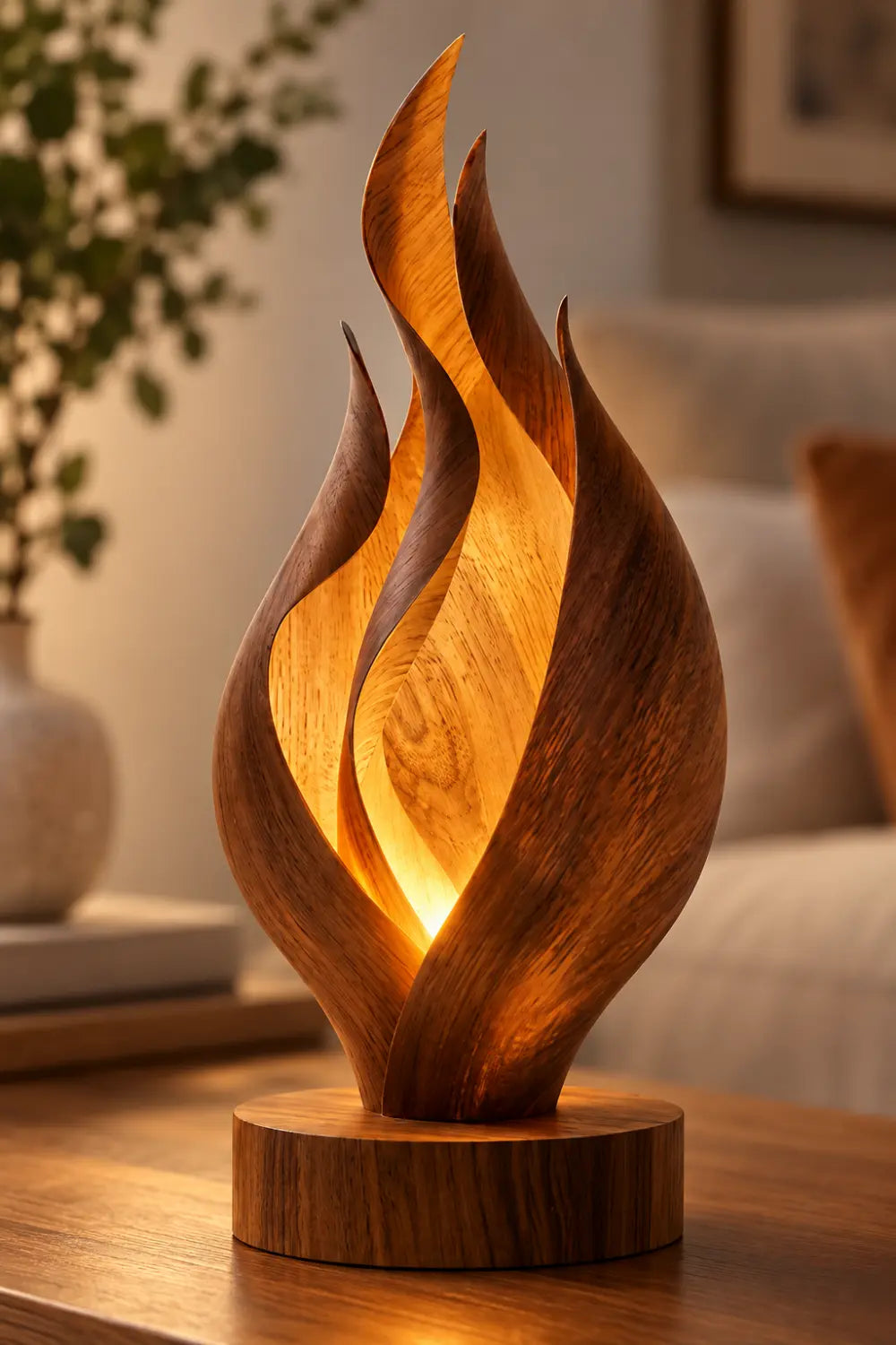 Abstract Wooden Flame Table Lamp Hand Carved Walnut Desk Light For Modern Home Decor