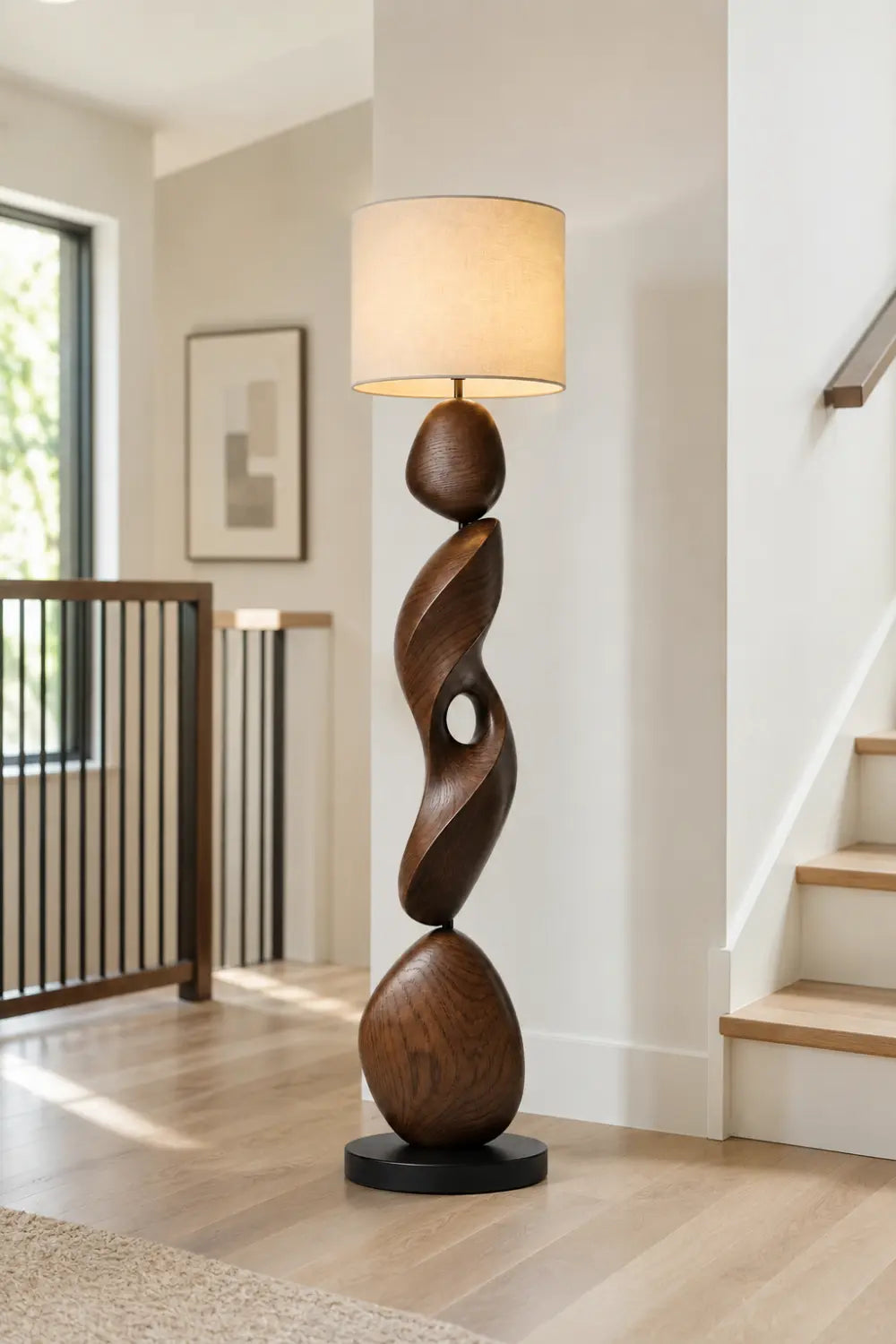 Sculptural Spiral Wood Floor Lamp Modern Abstract Walnut Design For Living Room