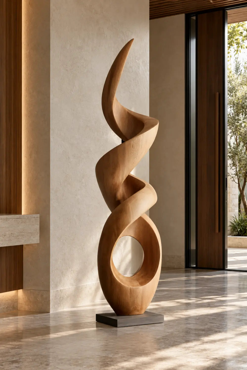 Large Walnut Wood Spiral Abstract Sculpture For Modern Home Decor And Gallery Display