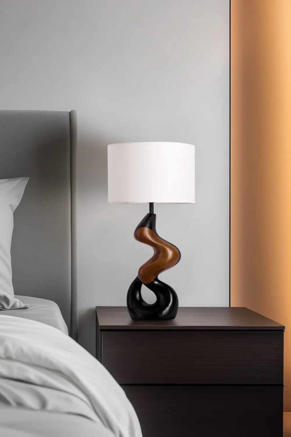 Artistic Twisted Wood Desk Lamp Creating Warm Ambiance In Study Or Office Space
