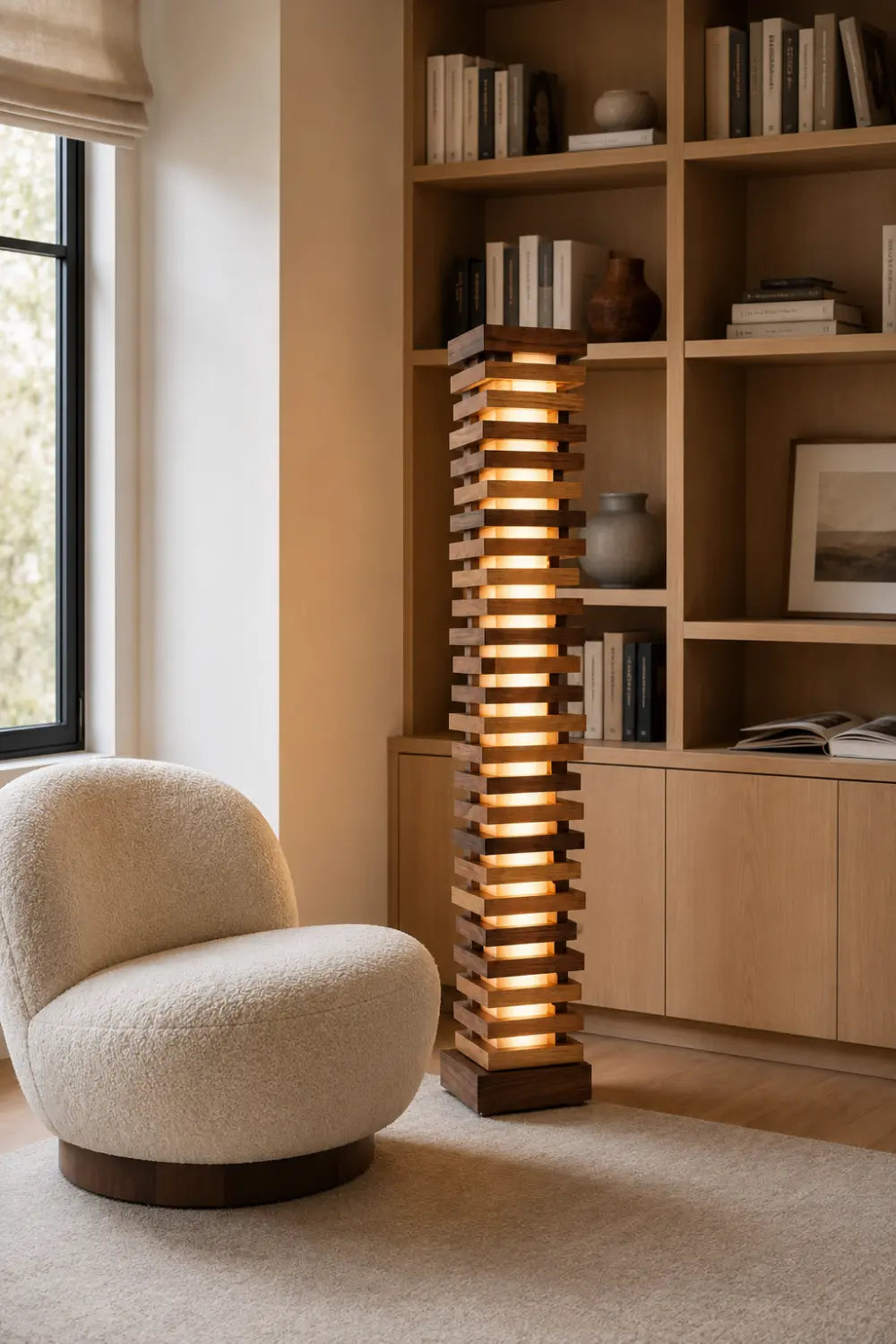 Handcrafted Natural Wood Floor Lamp With Layered Slats And Warm Glow Lighting