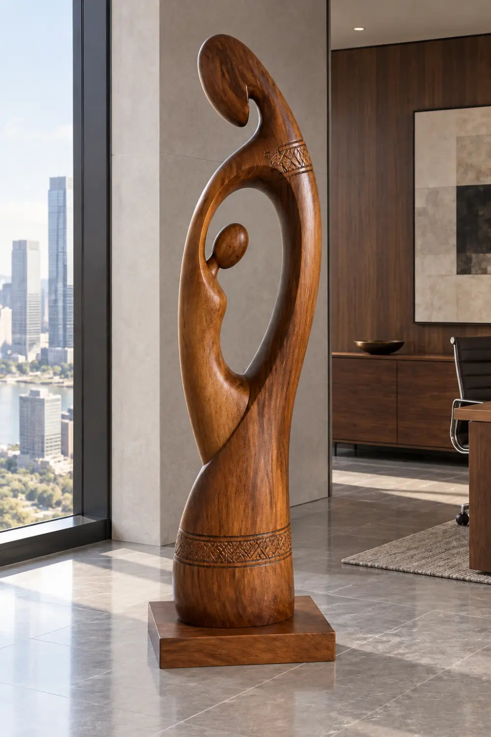 Large Abstract Mother And Child Wooden Sculpture For Modern Home Decor