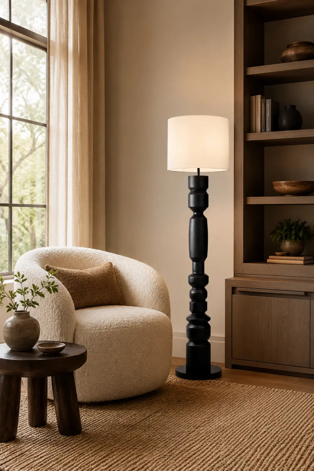 Sculptural Wooden Floor Lamp In Matte Black Finish With Abstract Form For Contemporary Homes