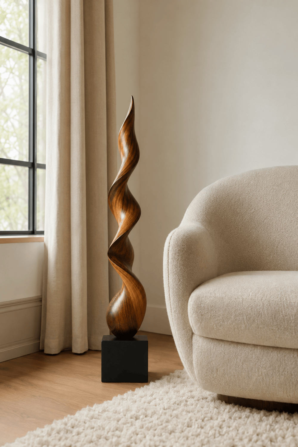 Large Abstract Walnut Wood Spiral Sculpture For Modern Home Decor And Gallery Display