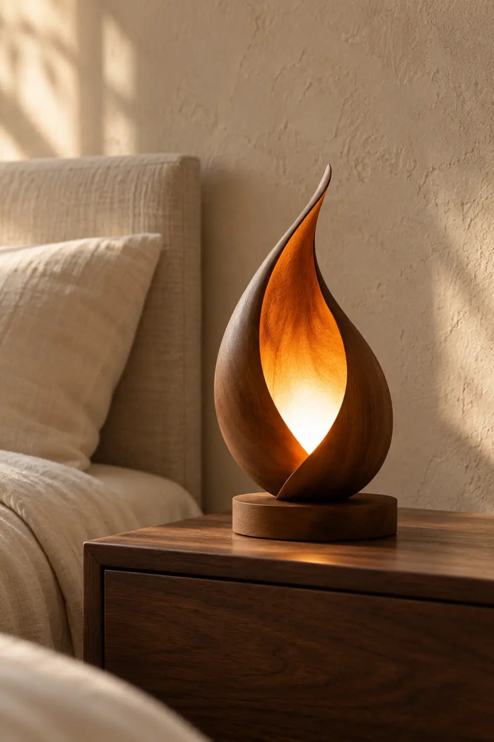 Sculptural Flame Wood Table Lamp | Aesthetic Ambient Light For Living Space