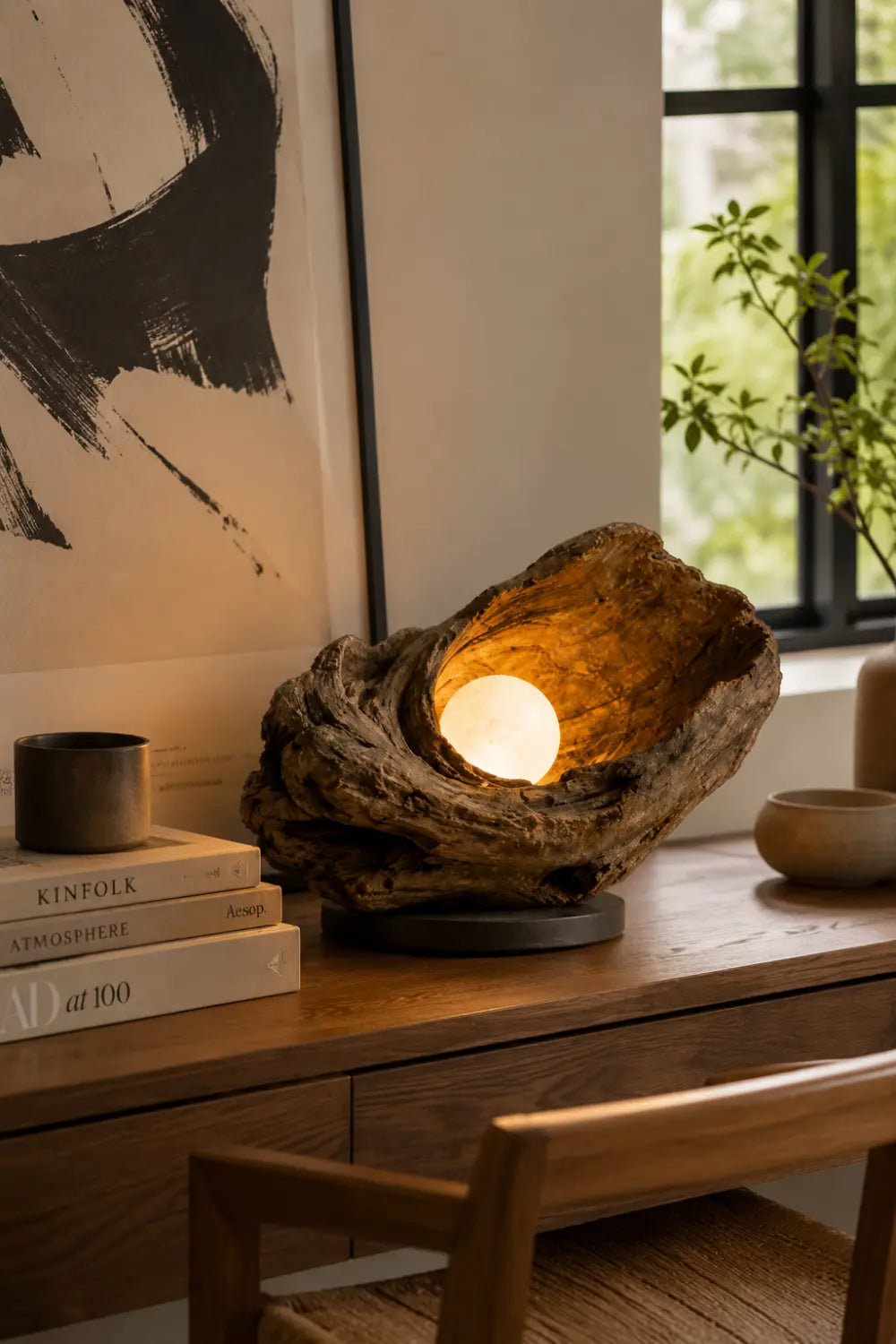Handcrafted Weathered Driftwood Table Sculptural Wooden Lamp With Warm Glow For Modern Home Decor