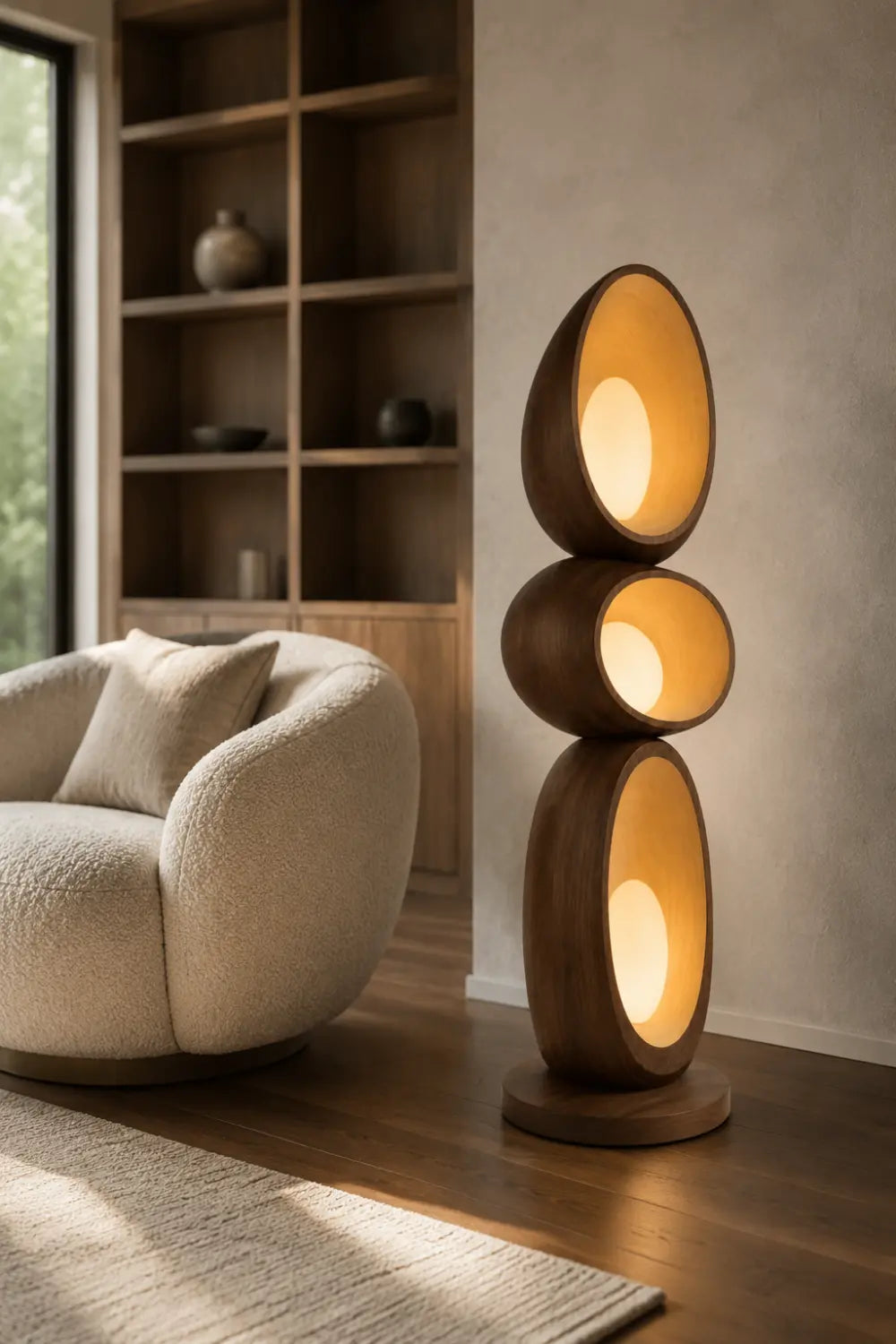 Modern Walnut Floor Lamp With Abstract Stacked Wood Design For Living Room