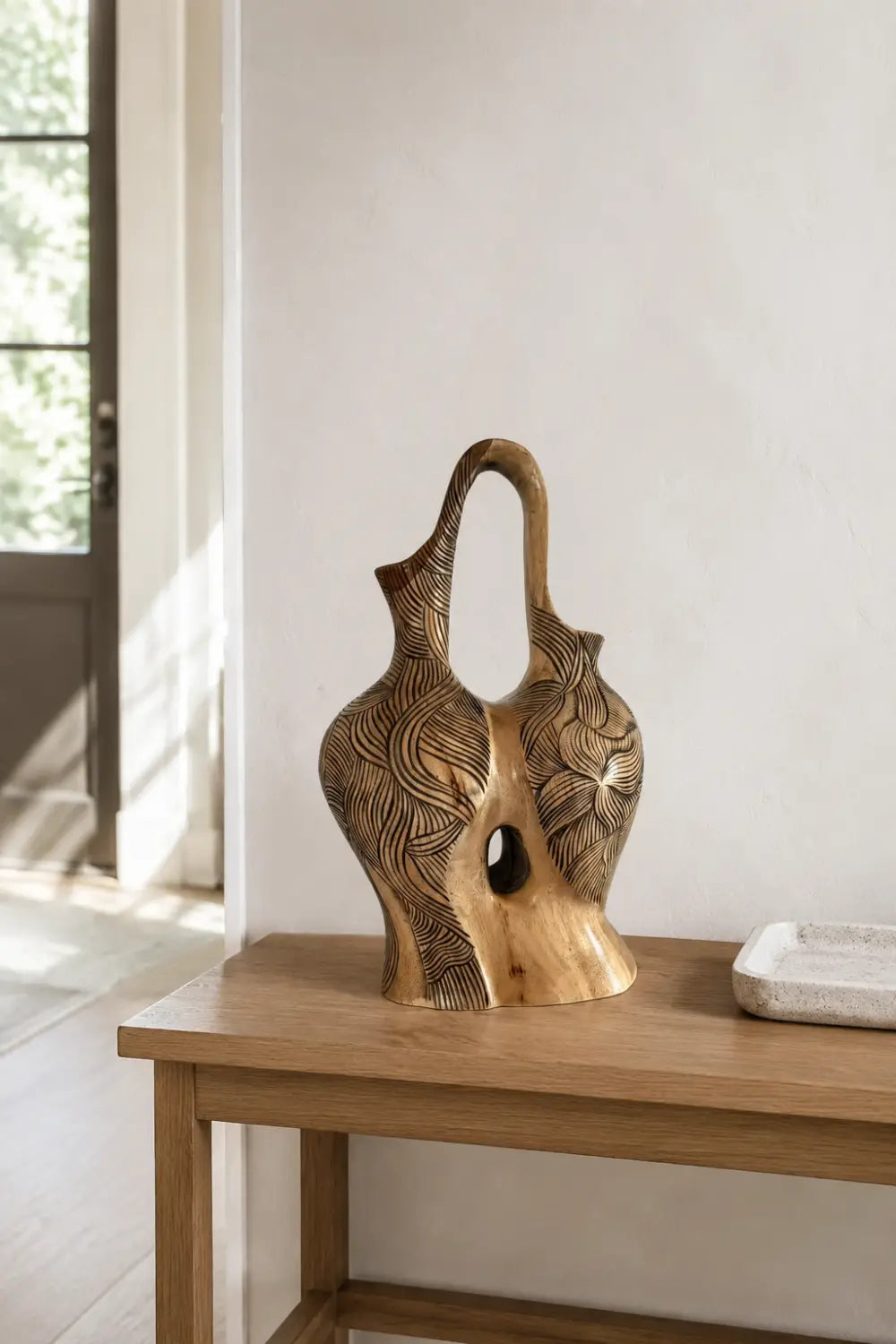 Hand Carved Abstract Wooden Vase With Flowing Lines For Modern Home Decor