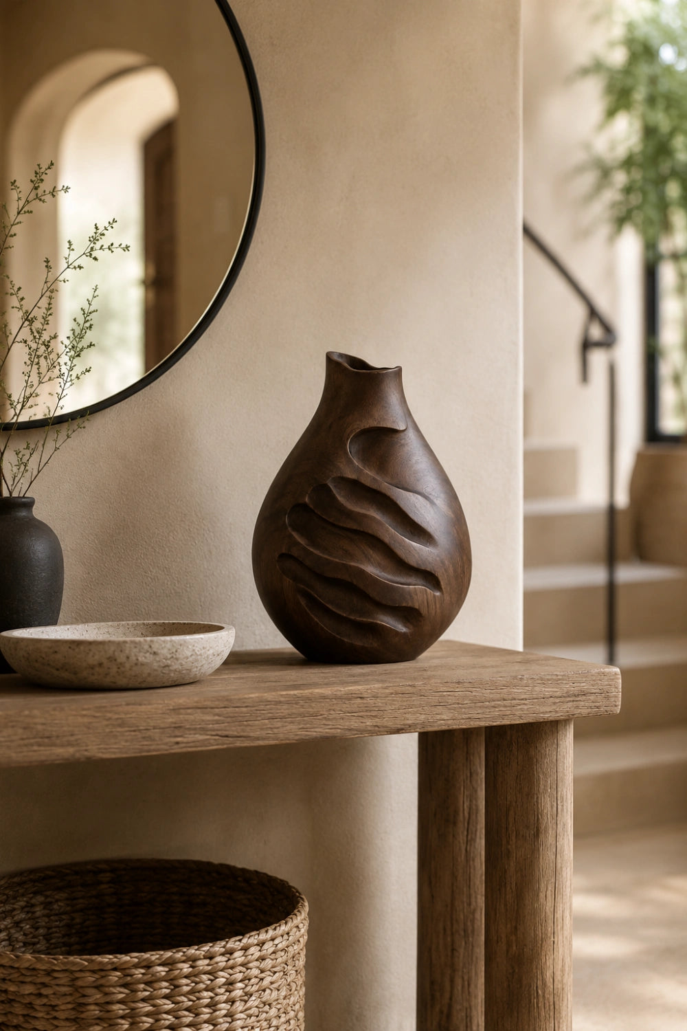 Modern Rustic Wooden Vase Unique Asymmetrical Gourd Shape Sculpture Accent Piece