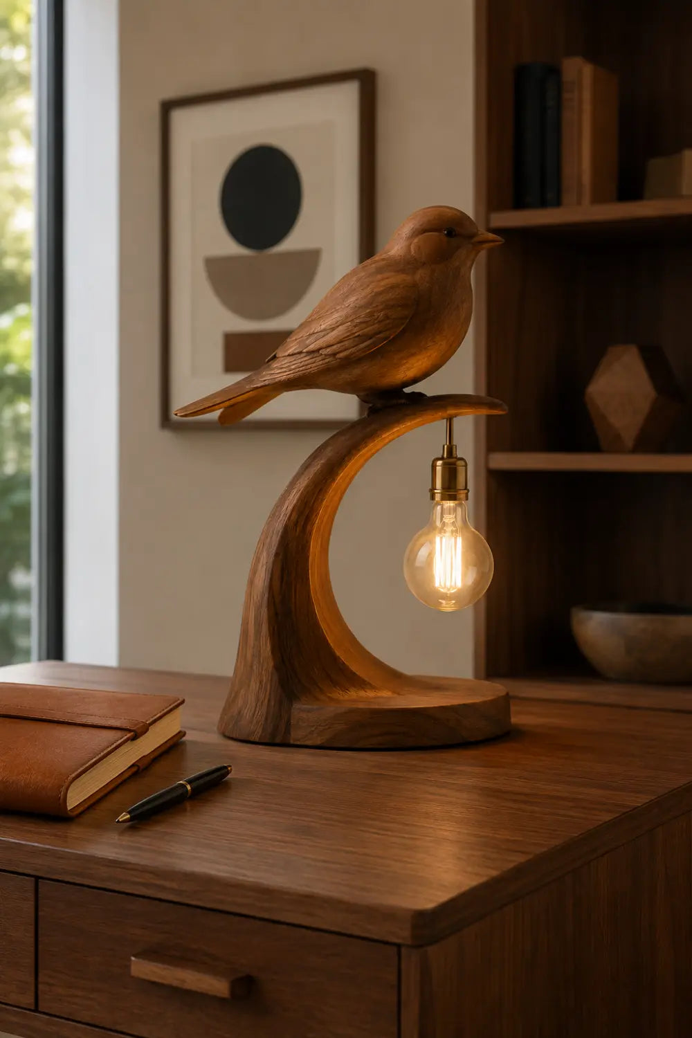Hand Carved Walnut Bird Table Lamp Modern Organic Lighting Decor