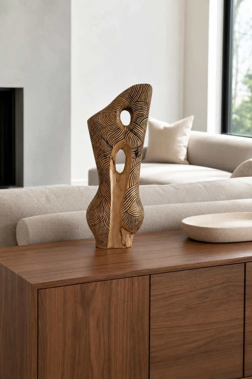 Abstract Wooden Vase With Intricate Carvings For Modern Home Decor