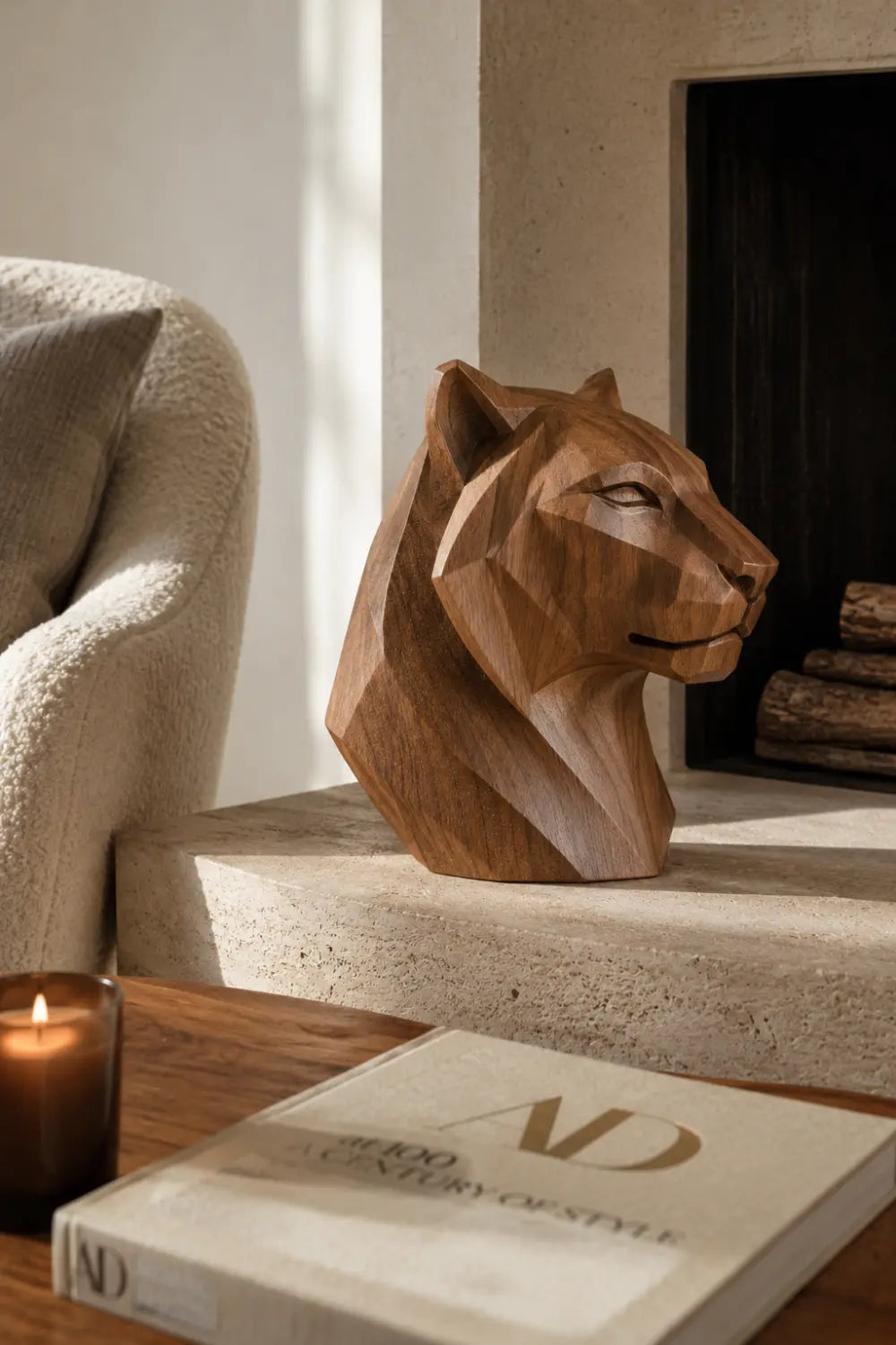 Hand Carved Walnut Wood Geometric Tiger Head Sculpture For Modern Home Decor
