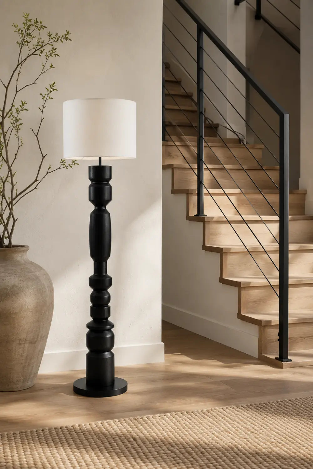 Sculptural Wooden Floor Lamp In Matte Black Finish With Abstract Form For Contemporary Homes