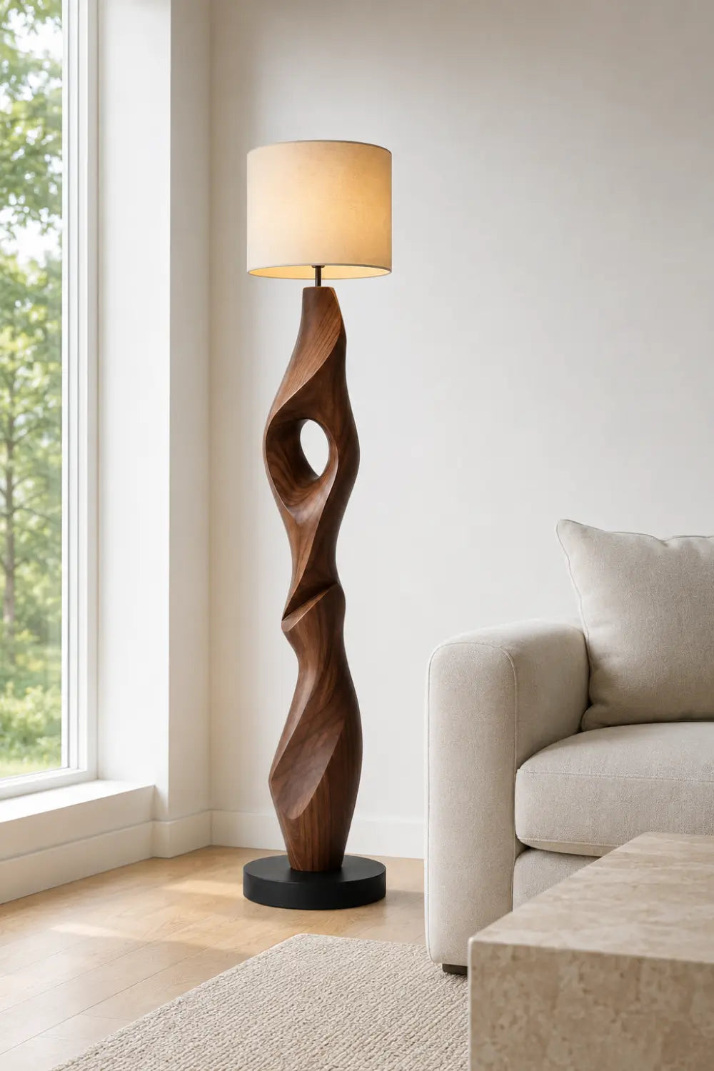 Sculptural Walnut Wood Floor Lamp With Abstract Spiral Form For Modern Living Rooms