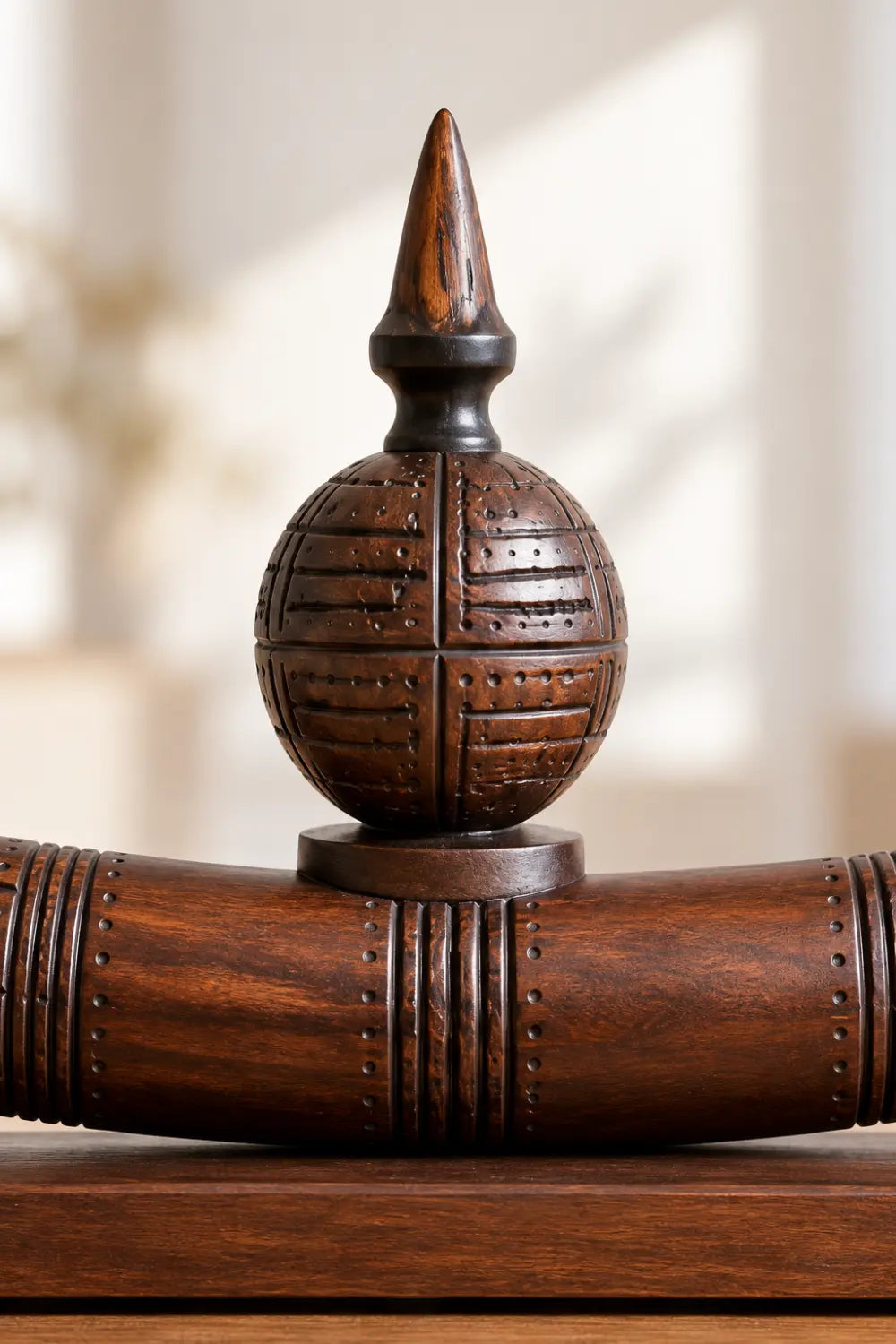 Abstract Tribal Moon Sculpture Wooden Artwork With Central Sphere For Contemporary Interiors