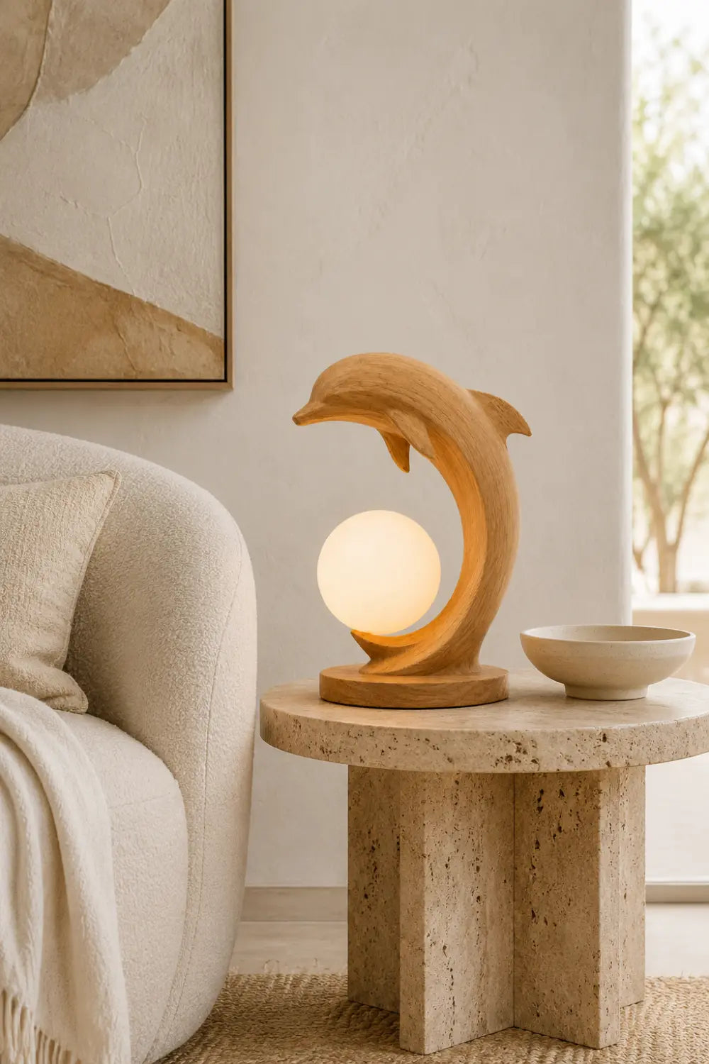Natural Wood Dolphin Sculpture Lamp With Warm Light For Bedroom Or Study Desk Decoration