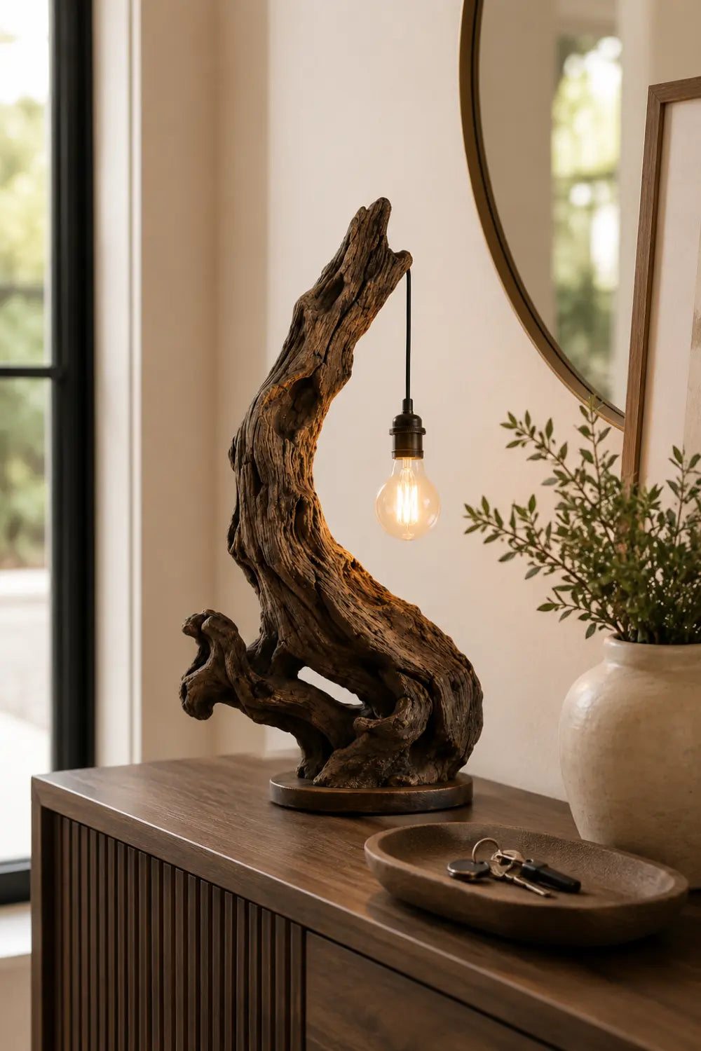 Natural Reclaimed Wood Log Table Lamp | Exposed Filament Bulb Lantern For Space Decor