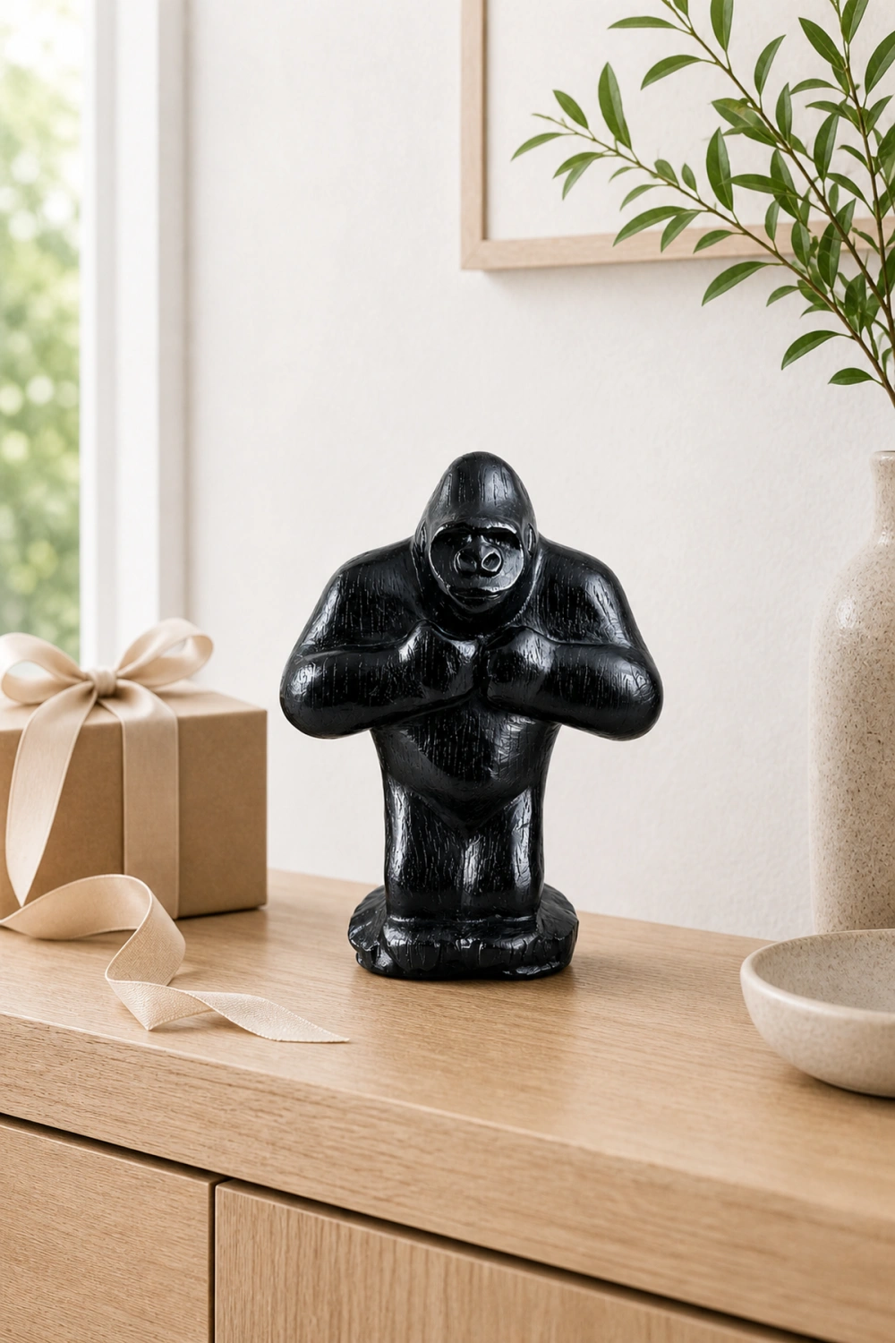 Hand Carved Gorilla Wood Sculpture - Modern Animal Desk Decor For Home Office