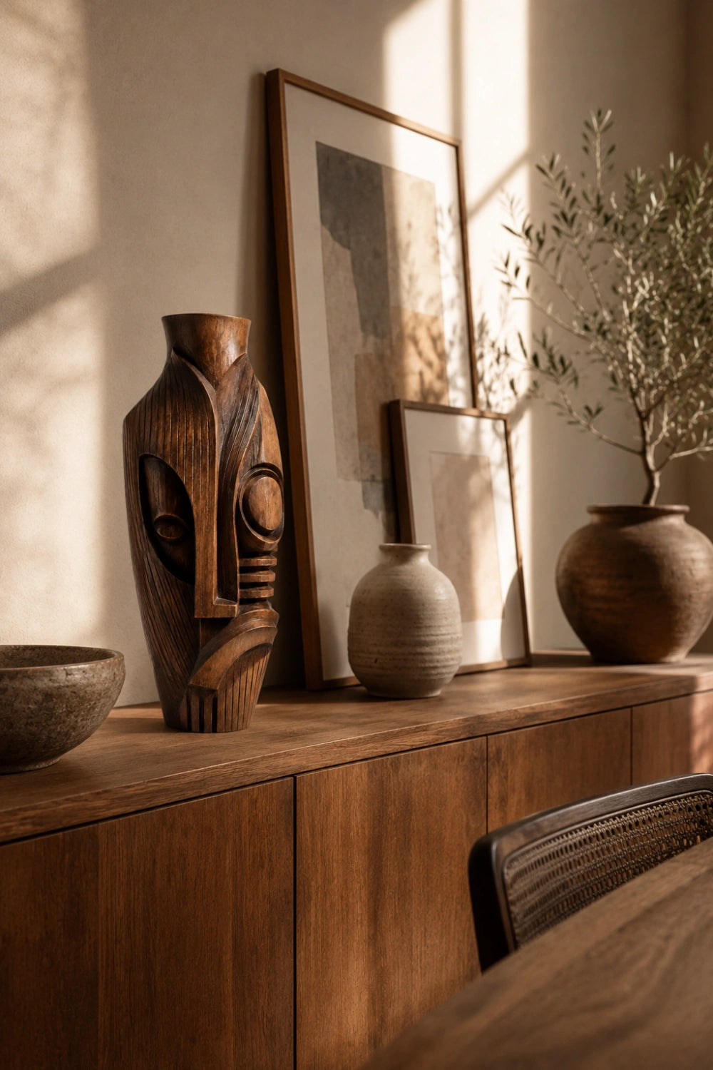 Hand-Carved African Tribal Wooden Vase Abstract Large Floor Decor