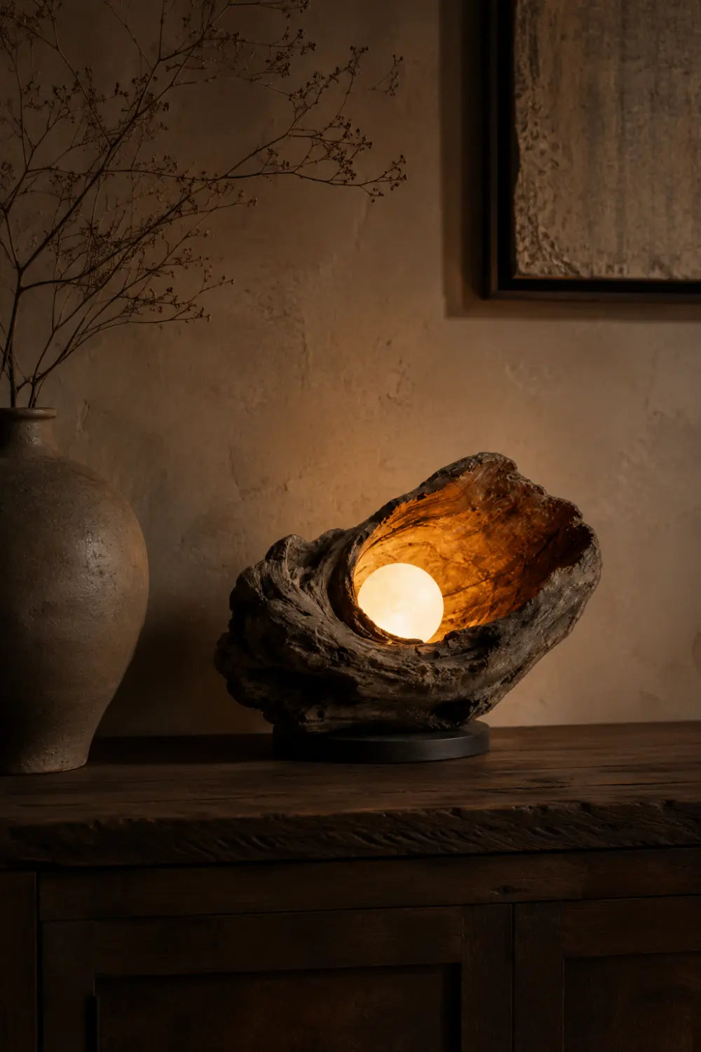 Handcrafted Weathered Driftwood Table Sculptural Wooden Lamp With Warm Glow For Modern Home Decor