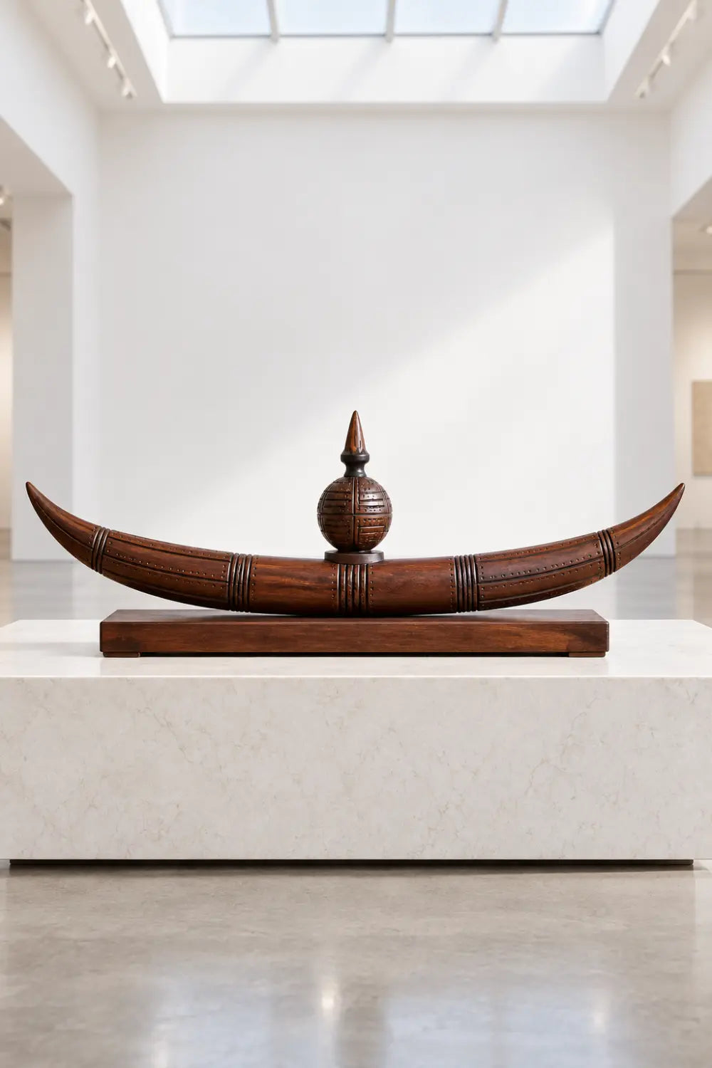 Abstract Tribal Moon Sculpture Wooden Artwork With Central Sphere For Contemporary Interiors