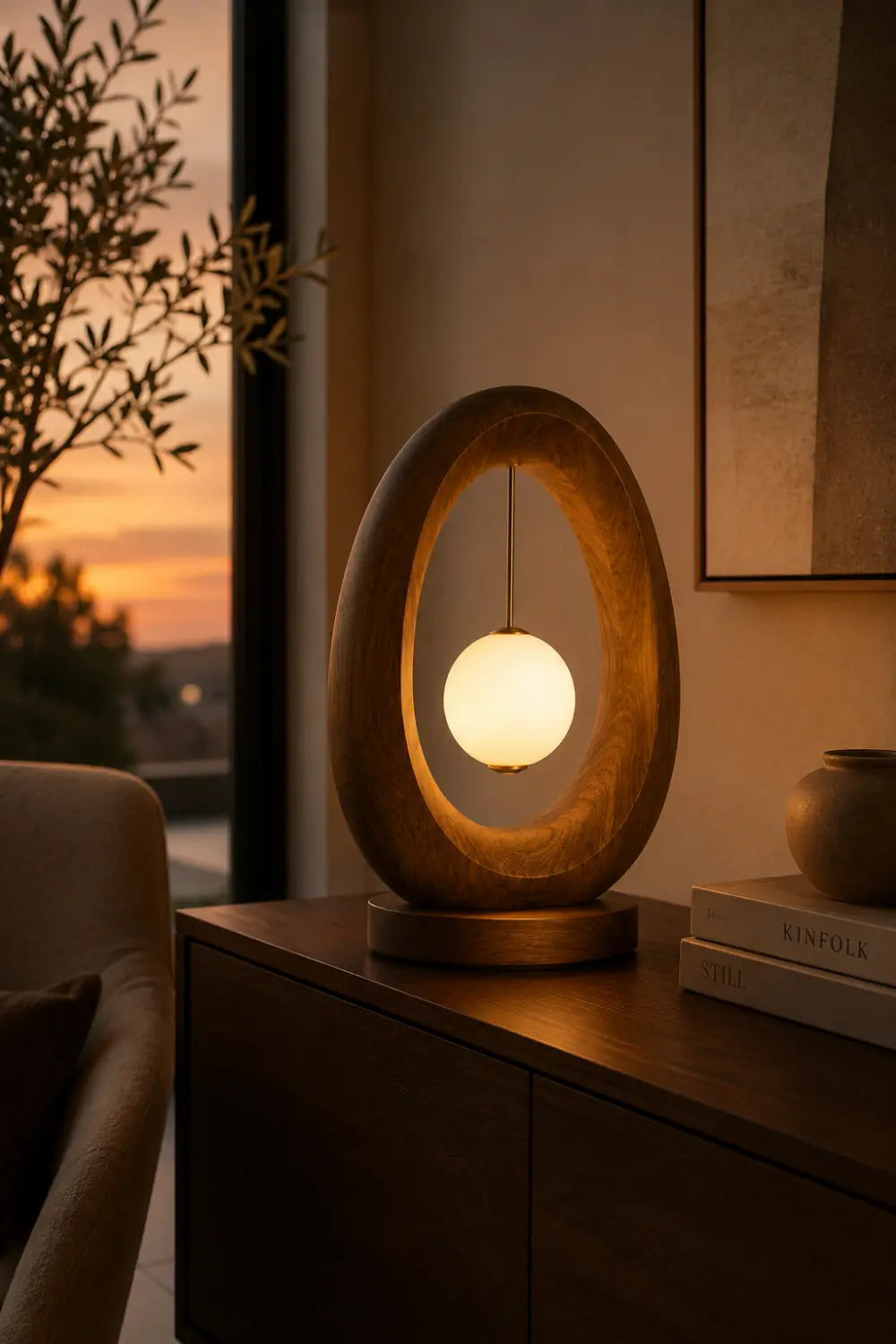 Minimalist Oval Wood Table Lamp | Elliptical Hanging Orb Desk Light For Space Decor
