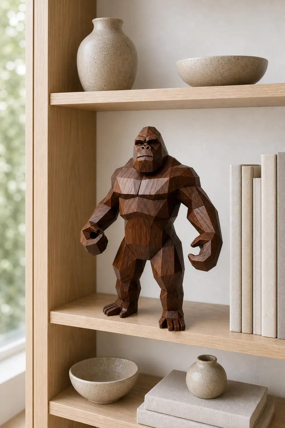 Hand Carved Wooden Gorilla Sculpture Modern Geometric Animal Decor For Living Room