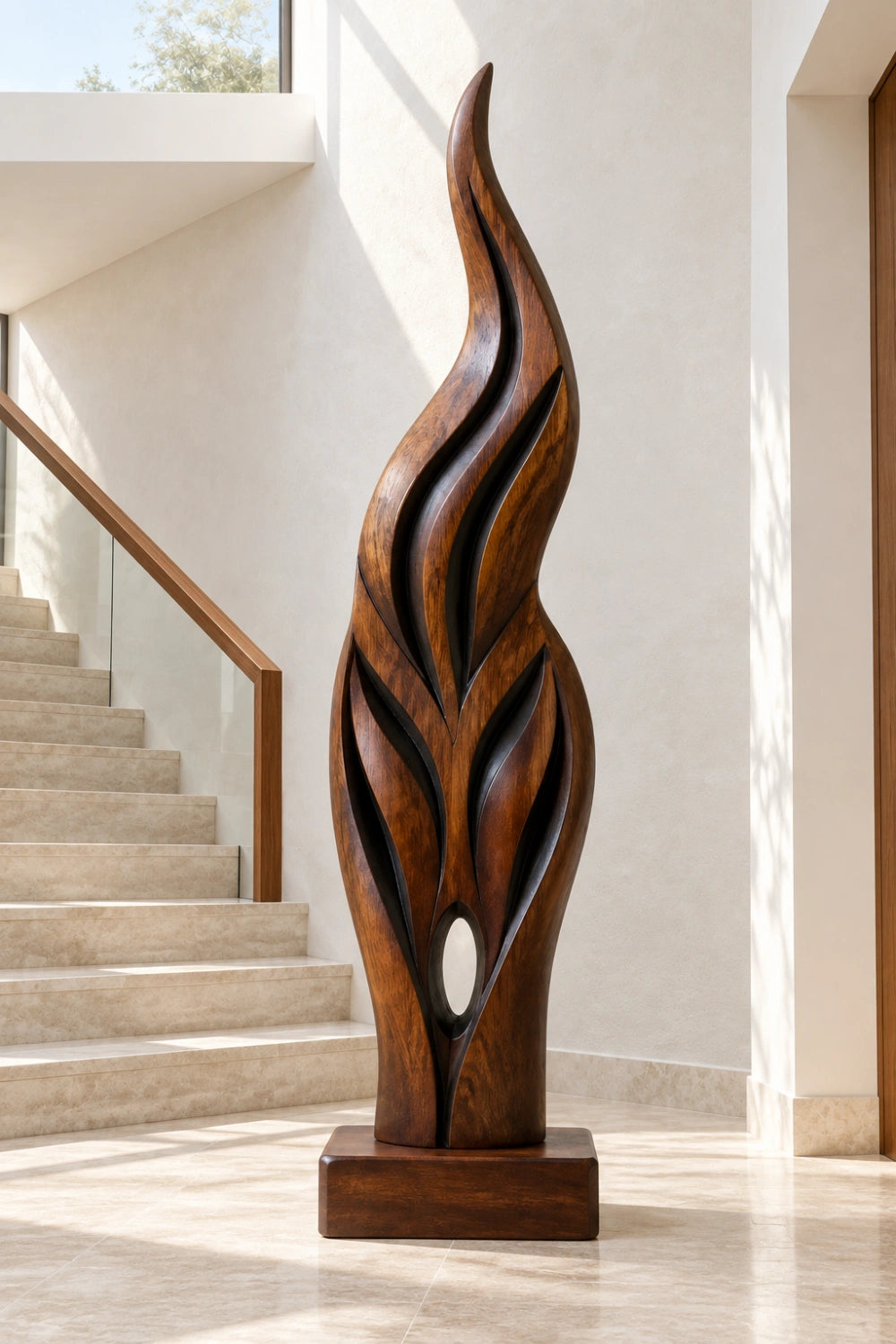 Abstract Wooden Flame Floor Sculpture | Dynamic Standing Decor For Living Space