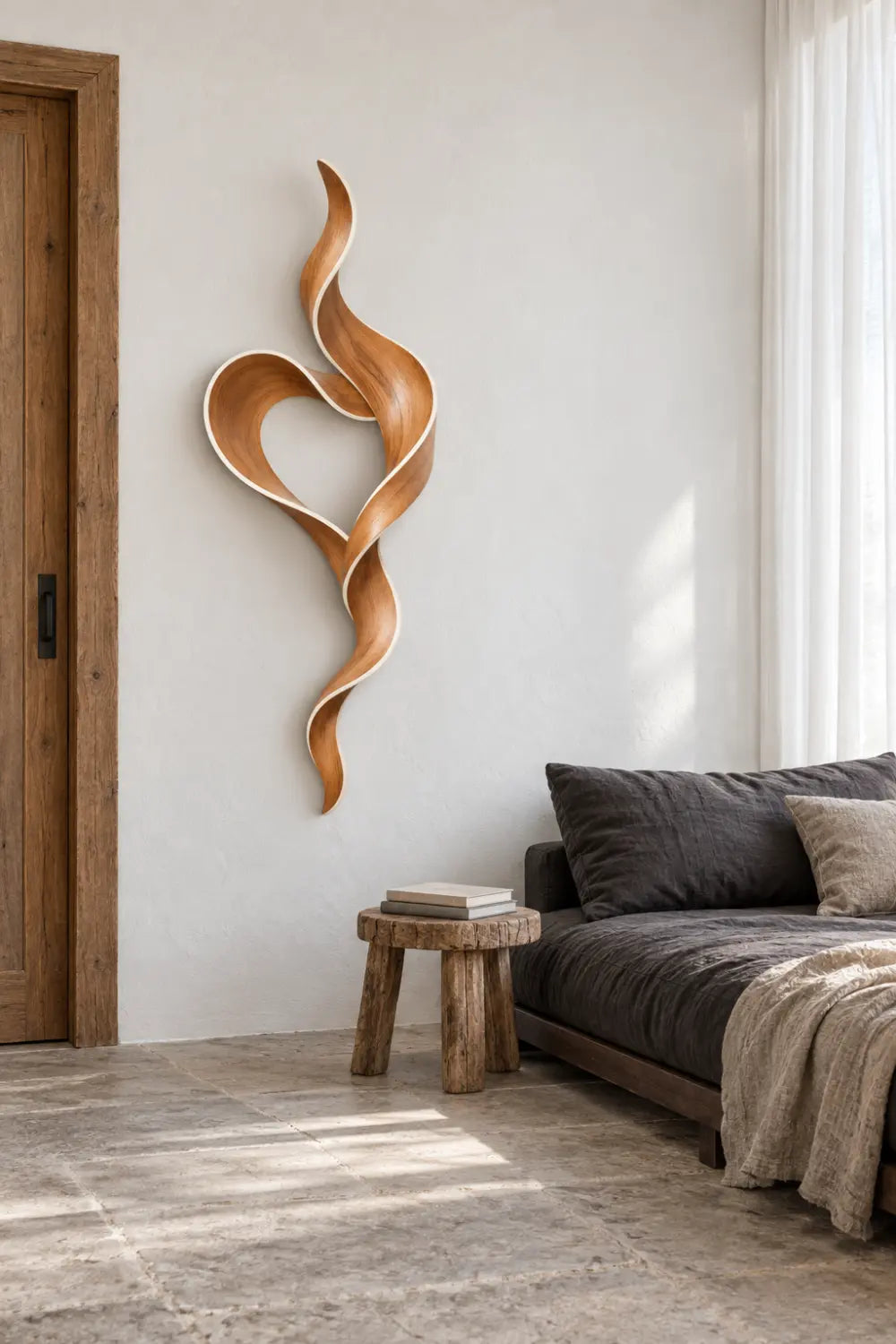 Modern Wooden Ribbon Heart Sculpture | Abstract Infinity Swirl Loop Art Decor