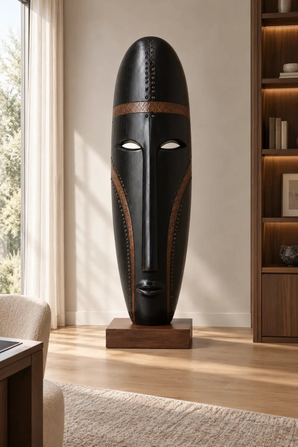 Large Black Walnut Wood Tribal Face Sculpture For Modern Home Decor