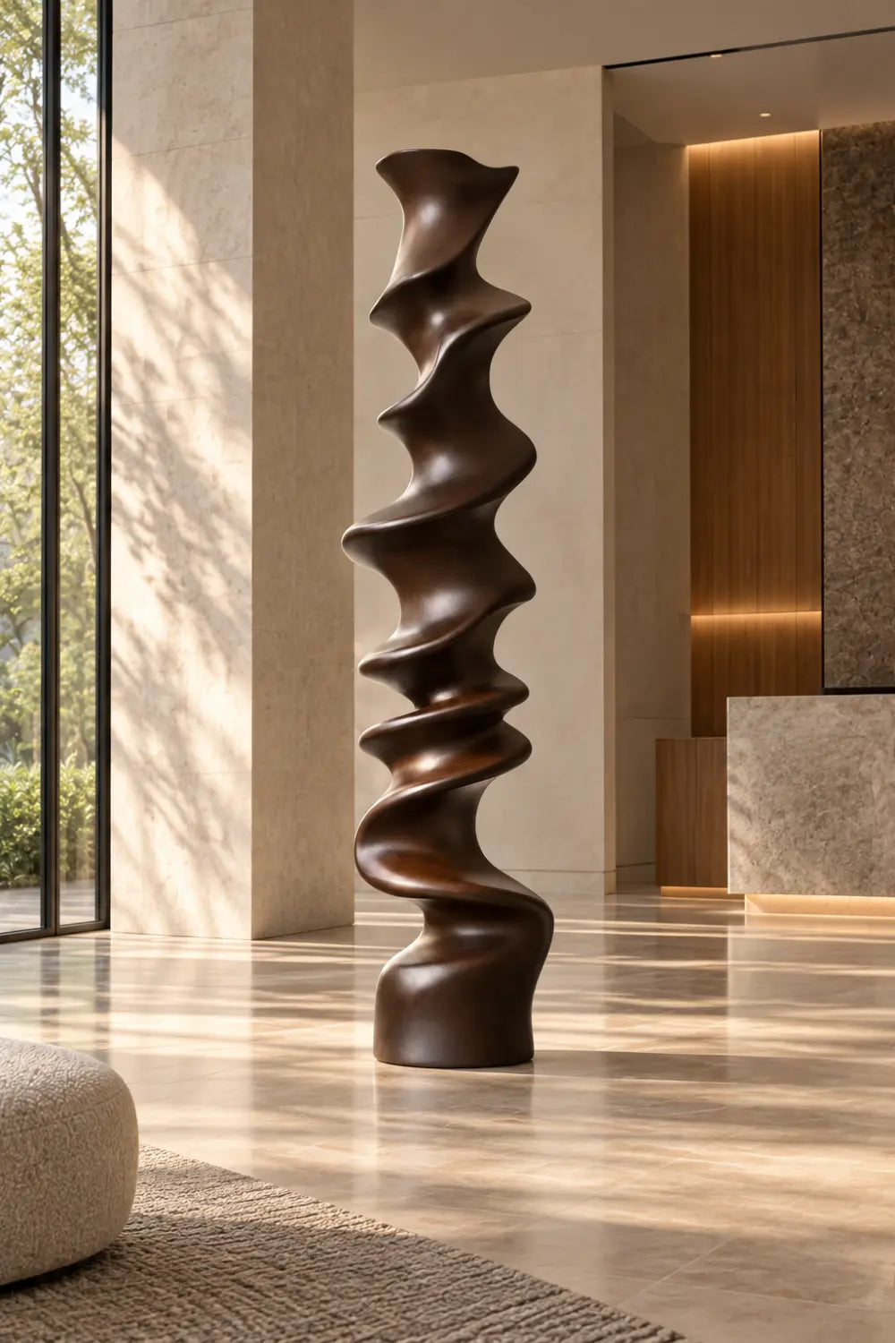 Large Abstract Walnut Wood Floor Sculpture For Modern Home Decor And Living Room Accent